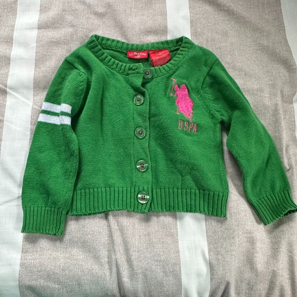 EUC U.S. Polo Assn Green Knit Sweater w/ Pink Logo & Matching Jeans Sz 18-24mos